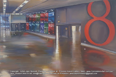 plein air oil painting of interior of now demolished cruise ship terminal Wharf 8 at Barangaroo by industrial heritage and marine artist Jane Bennett